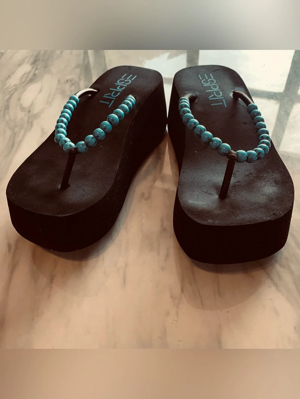 Esprit Black Platform Flip Flops with Turquoise Beaded Straps